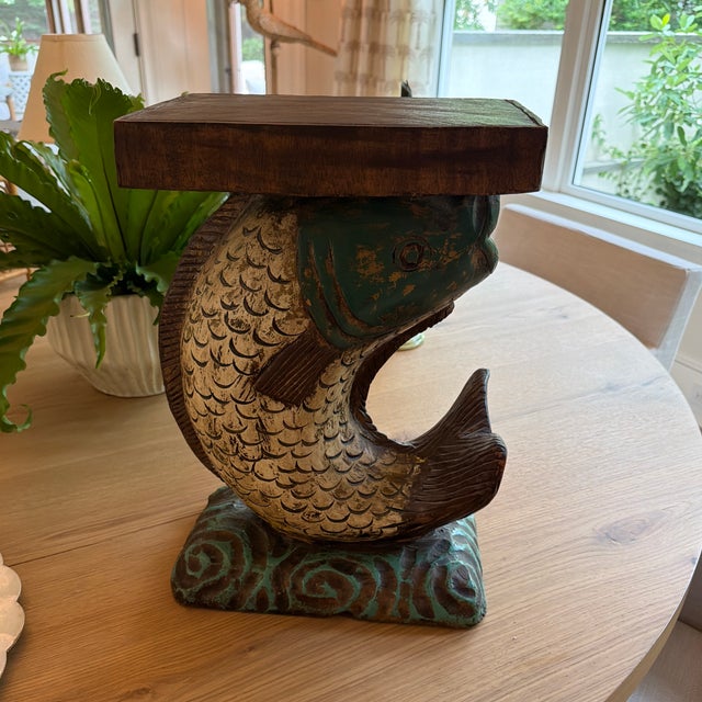Vintage Hand Carved Painted Wooden Koi Fish Side Table/Pedestal. For Sale - Image 9 of 12