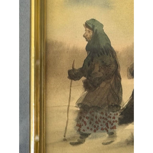 Antique Watercolor of a Russian Winter Procession in Ornate Gilt Frame - Unsigned Unknown Artist For Sale - Image 4 of 17