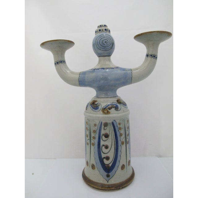 Blue Ken Edwards El Palomar Blue Tonala Mexico Folk Figural Pottery 2 Arm Candelabra For Sale - Image 8 of 11