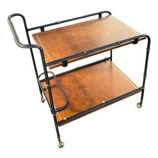 Vintage Stitched Leather Bar Cart by Jacques Adnet, 1950s For Sale
