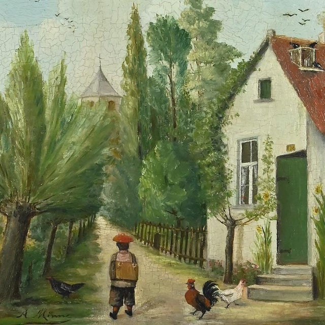 Pair of paintings by a. Minne depicting peaceful countryside scenes. The first painting depicts a dirt road winding past...