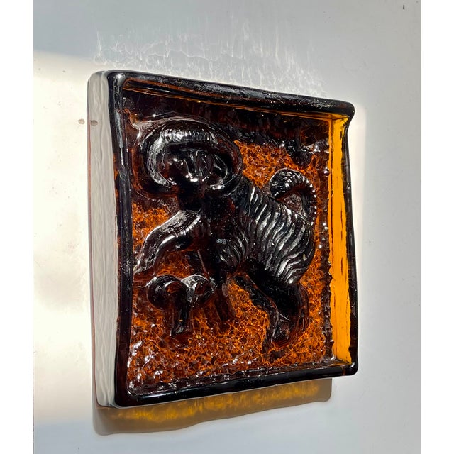 Glass Mid-Century Amber Glass Zodiac Block with Capricorn from Ząbkowice Glassworks, 1950s For Sale - Image 7 of 7
