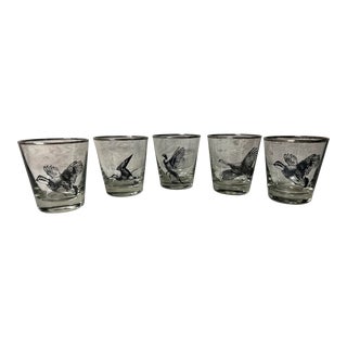 1960s Mid-Century Modern Silver Trim Richard Bishop Water Fowl Double Old Fashion Glasses- Set of 5 For Sale