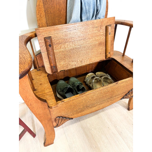 Brown Antique Victorian Oak Hall Bench For Sale - Image 8 of 9