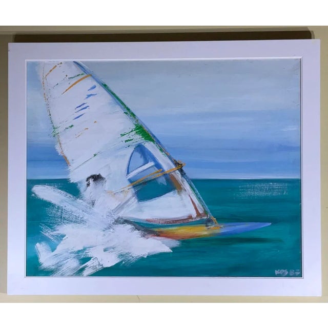 sailing out into the open creating misty ripples in the water. This beautifully oil planing on canvas give as the...
