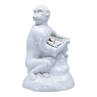 1960s Italian White Porcelain Ceramic Monkey Table Sculpture Signed Italy For Sale