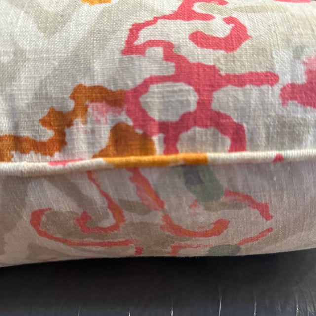 Handcrafted decorative pillow case, double sided pink floral linen with white, light gray, some orange and sage green with...