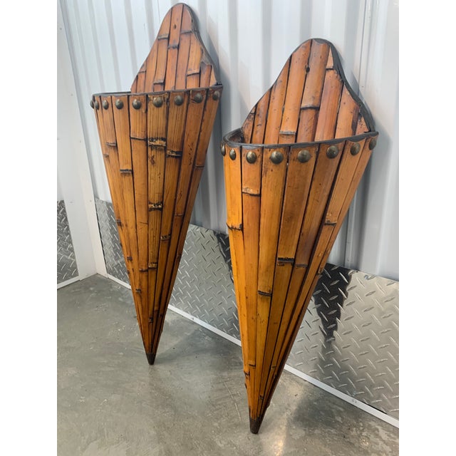 Traditional Vintage Pair of Graduated Bamboo Wall Pockets For Sale - Image 3 of 6