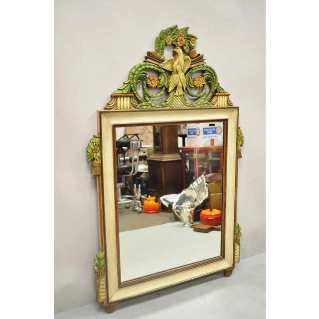 Vintage French Country Victorian Style Bird & Flower Carved Cream Painted Wall Mirror. Item features original green and...
