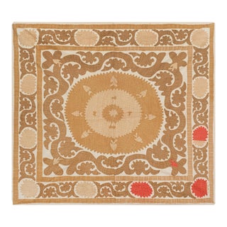 Uzbek Hand Embroidery Faded Suzani Tablecloth 4'2'' X 4'6'' For Sale