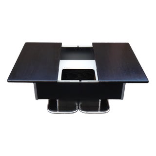 Vintage Italian Chrome and Black Ebonised Wooden Coffee Table with Hidden Bar, 1970s For Sale