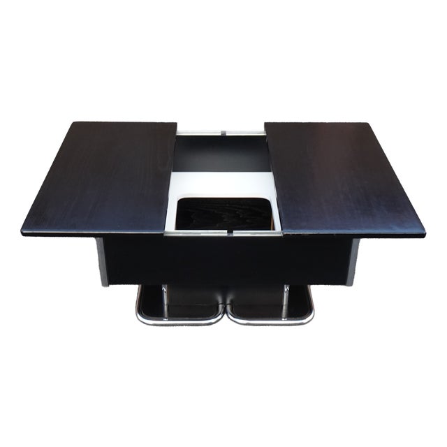 Vintage Italian Chrome and Black Ebonised Wooden Coffee Table with Hidden Bar, 1970s For Sale