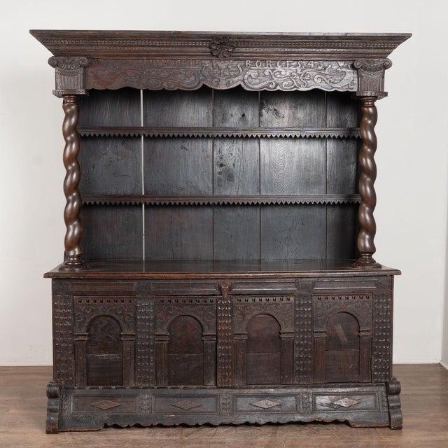 Renaissance 18th Century German Carved Oak Display Cabinet Buffet Dated 1743 For Sale - Image 3 of 17