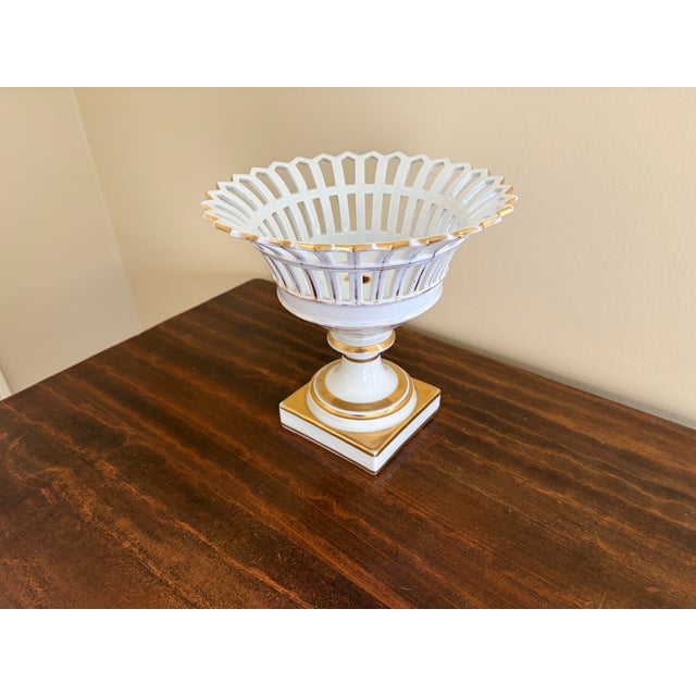 French Country Antique Reticulated Porcelain Basket Compote With Gold Gilt Details For Sale - Image 3 of 10