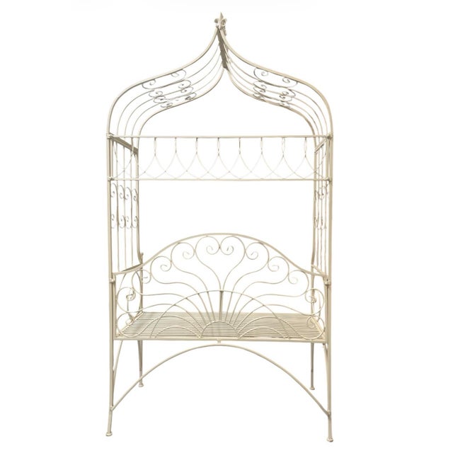 Vintage-Style French Country White Wrought Iron Garden Canopy Bench For Sale - Image 4 of 7