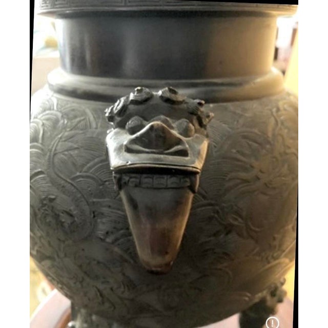 Antique Chinese Bronze Ding Censer With Foo Dog Lid, Late Qing Dynasty (C. 1880–1912), 19” H For Sale - Image 4 of 7