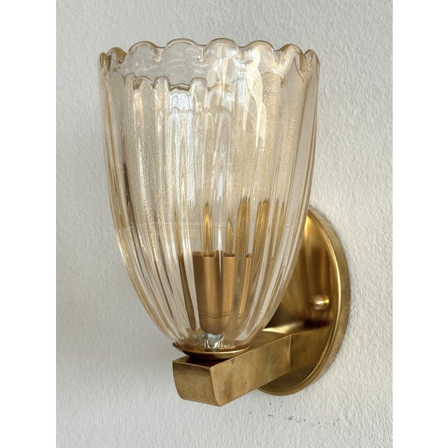 Italian Art Deco Style Brass and Murano Glass Wall Sconces, 1990s, Set of 2 For Sale - Image 6 of 12