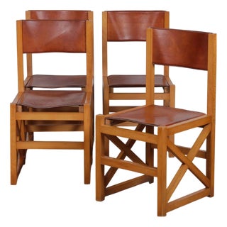 Vintage Chairs in Wood and Leather, 1980s, Set of 4 For Sale