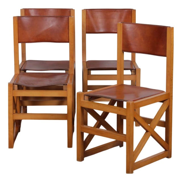 Vintage Chairs in Wood and Leather, 1980s, Set of 4 For Sale