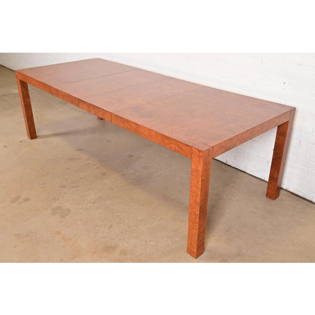 Milo Baughman Style Burl Wood Parsons Extension Dining Table by Lane, Newly Refinished For Sale - Image 12 of 12