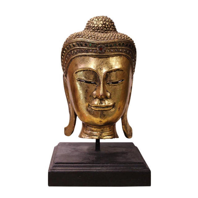 Handcrafted Gold Wood Serene Peaceful Buddha Head On Stand For Sale