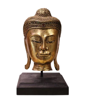 Handcrafted Gold Wood Serene Peaceful Buddha Head On Stand