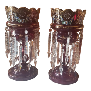 Antique Victorian Bohemian Ruby Mantel Candle Lusters - a Pair