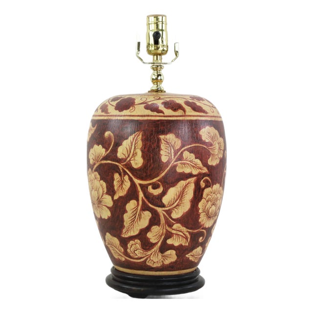 Vintage Hand Painted Brown and Cream Floral Ceramic Table Lamp With Peony Motif and Wood Base For Sale