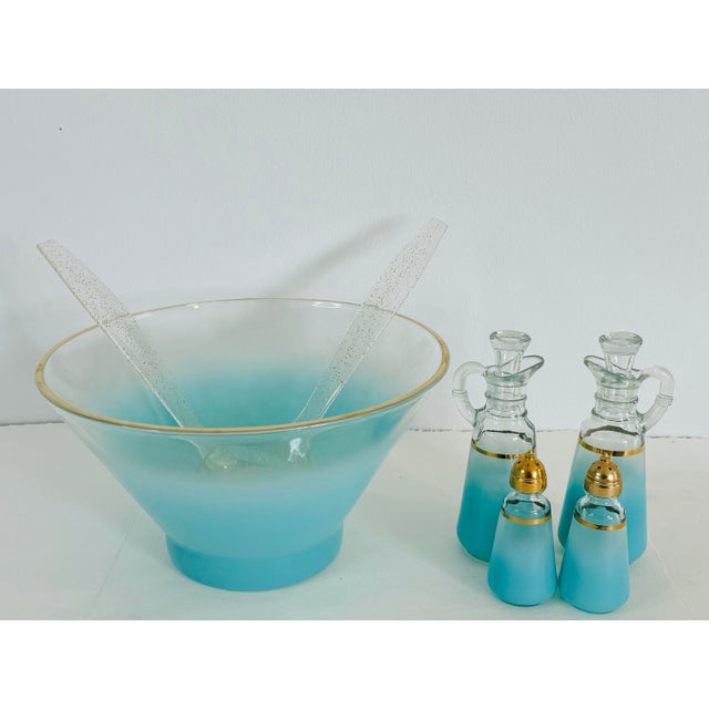 Vintage 1960s Turquoise Glass Salad Set, 7 Pieces. The set includes the serving bowl, plastic gold speckled salad fork and...