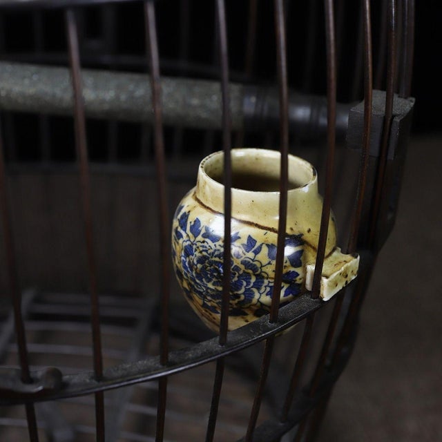 Vintage Hardwood Birdcage With Mother-of-Pearl Inlay and Porcelain Cups For Sale - Image 9 of 9