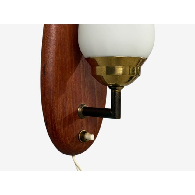 1960s Danish Modern, Wall Lights or Sconces, Teak, Brass, Opal Glass For Sale - Image 9 of 10