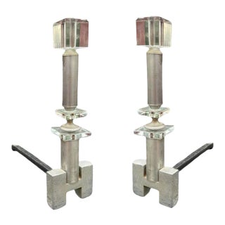 1930s Hollywood Regency Crystal & Chrome "H" Fireplace Andirons- a Pair For Sale