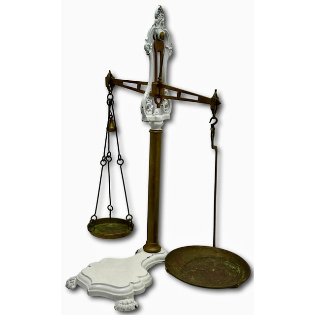 Victorian Very Large Size Antique Brass & Enameled Cast Iron Manchester England Wholesale Groceries Sellers Scale - 34 Inches Tall For Sale - Image 3 of 18
