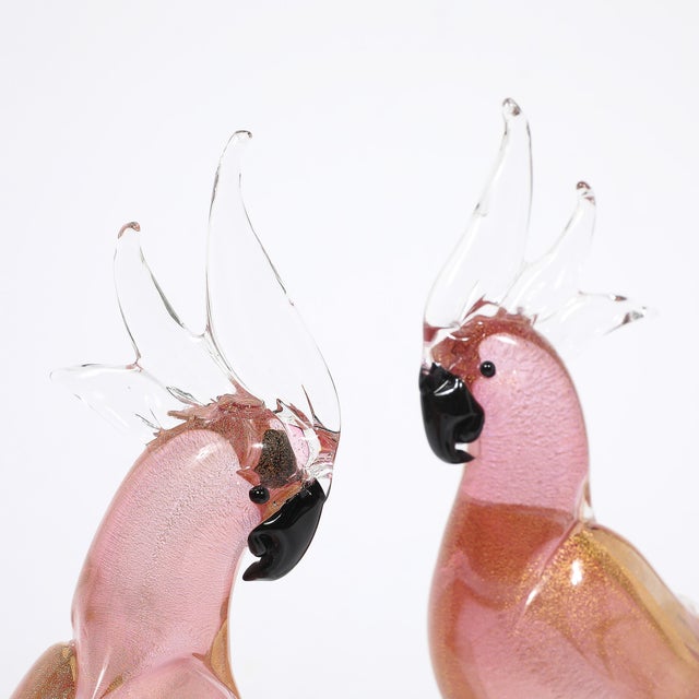 Pair of Mid-Century Hand-Blown Murano Rose Hued Cockateel Sculptures W/ 24k Gold For Sale - Image 9 of 13