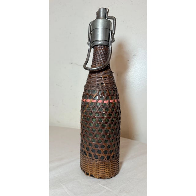 Rare Antique 19th Century French Woven Wicker Metal Glass Seltzer Bottle For Sale - Image 4 of 13