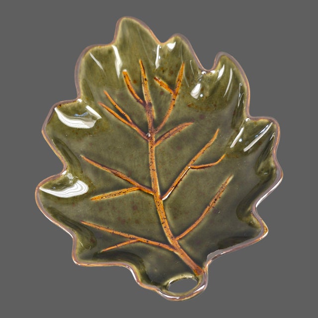 Contemporary Late 20th Century Serving Dishes Glazed Ceramic Olive Green Leaf Shaped - Pair For Sale - Image 3 of 6