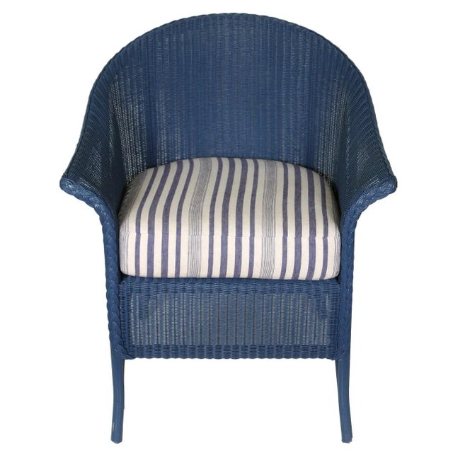 A Set of eight great looking navy wicker dining chairs arm chairs with cushions in a crisp navy and white stripe cotton...