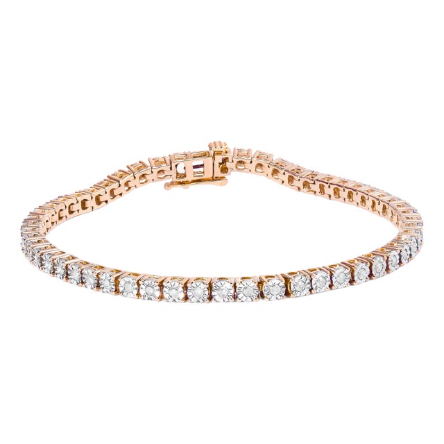 10K Rose Gold Plated .925 Sterling Silver 1.0 Cttw Miracle-Set Diamond Round Faceted Bezel Tennis Bracelet (I-J Color, I3 Clarity) - 9" For Sale