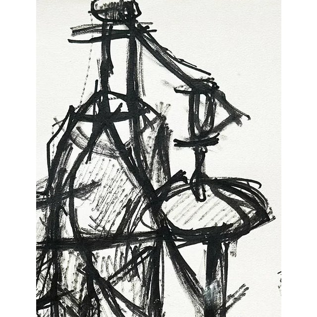 Mid-Century Modern French Abstract Expressionism Still Life Ink Drawing on Paper With Mat, Signed by French Artist David Lan-Bar, 1955 For Sale - Image 4 of 4