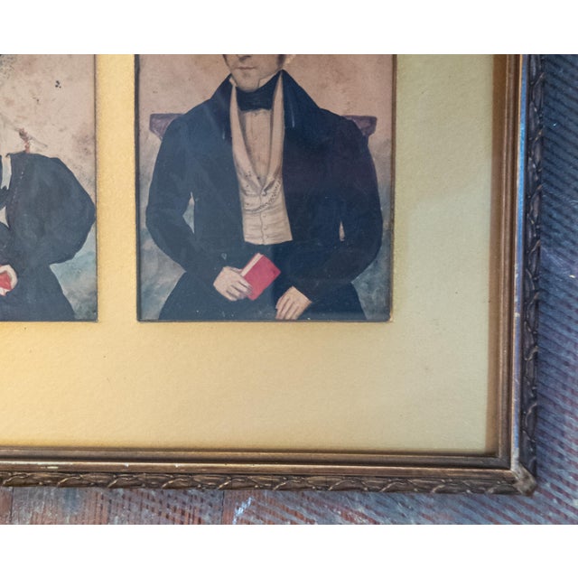 19th Century Folk Art Americana Miniature Double Portrait Water Color Paintings For Sale - Image 4 of 12
