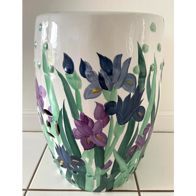 Green Hand Painted Garden Stool With Irises For Sale - Image 8 of 12