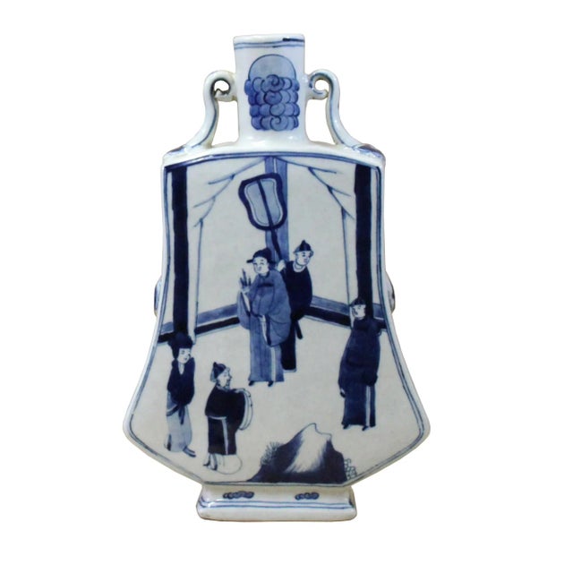 Chinese Blue White Porcelain People Graphic Flat Body Vase For Sale In San Francisco - Image 6 of 7