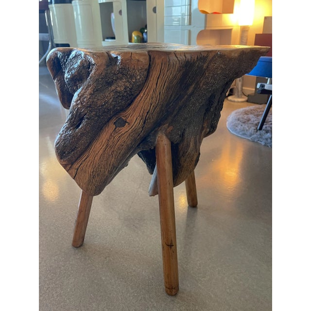 Mid-Century Modern 1960s Mid Century Cypress Root Side Table Live Edge Burl Tripod Stool George Nakashima Style Sculptural Organic Studio Craft For Sale - Image 3 of 11