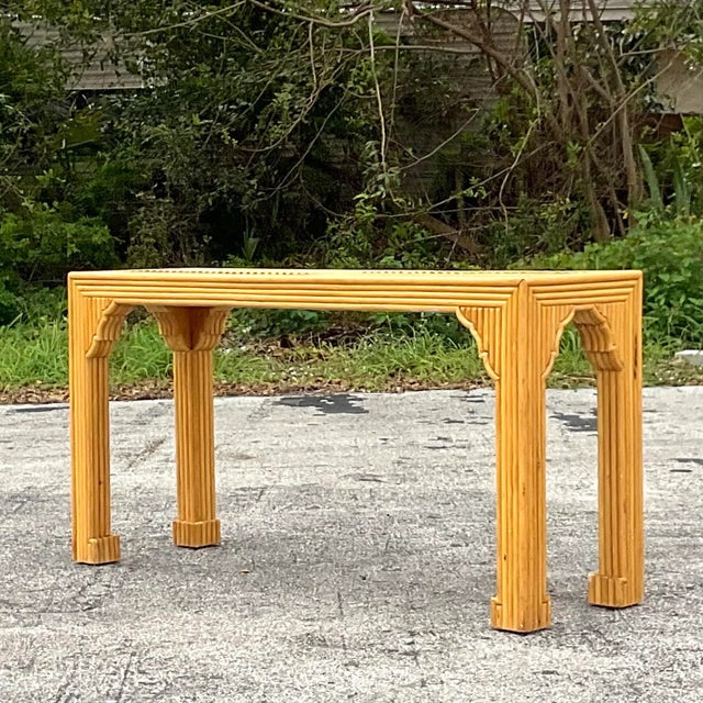 Late 20th Century Vintage Coastal Pretzel Rattan Chevron Ming Console Table For Sale - Image 4 of 11