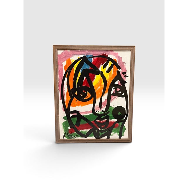 Dynamic signed abstract portrait attributed to Peter Robert Keil (German, b. 1942), presented in its warm-toned wood...