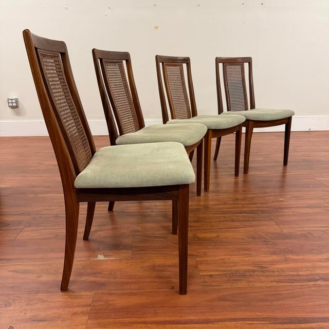 Beautiful set of six vintage dining chairs with afromosia (African teak) frames and cane backs, made in the U.K. by G-Plan...