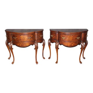 1980s Pair of John Richard "European Crossroads" Inlaid Console Tables – Edwardian Style Marquetry Demi-Lune Entryway Tables For Sale
