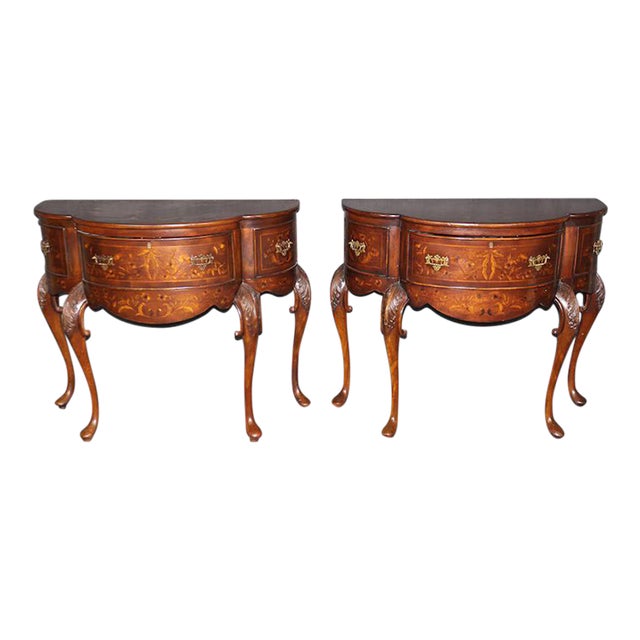 1980s Pair of John Richard "European Crossroads" Inlaid Console Tables – Edwardian Style Marquetry Demi-Lune Entryway Tables For Sale