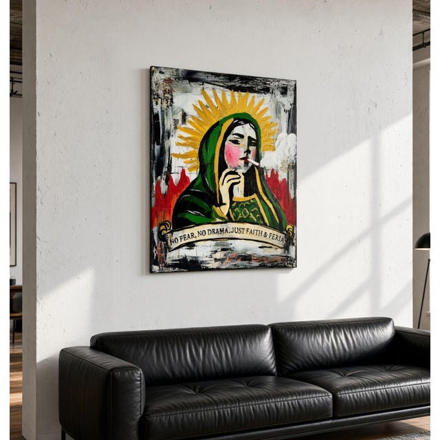 This bold, empowering piece features a rebel saint carrying a clear message: no fear, no drama—just faith and feria....
