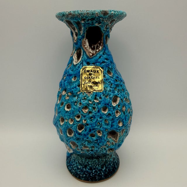 Brutalist Fat Lava Blue Turquoise Ceramic Vase by Charles Cart, Vallauris, France, 1960s For Sale - Image 15 of 15